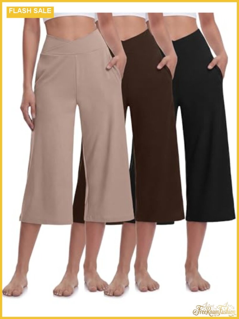 Wide Leg High Waist Capri Pants 3 Pack Stretch Yoga Lounge Pockets